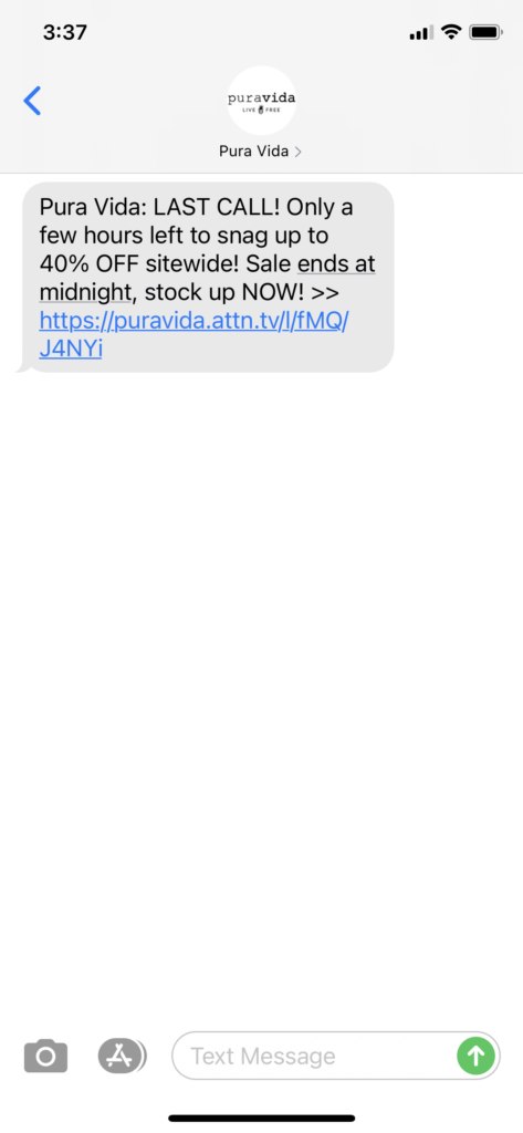 Pura Vida Text Message Marketing Example - 05.31.2021