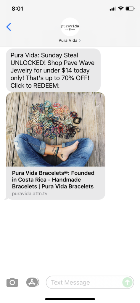 Pura Vida Text Message Marketing Example - 06.13.2021