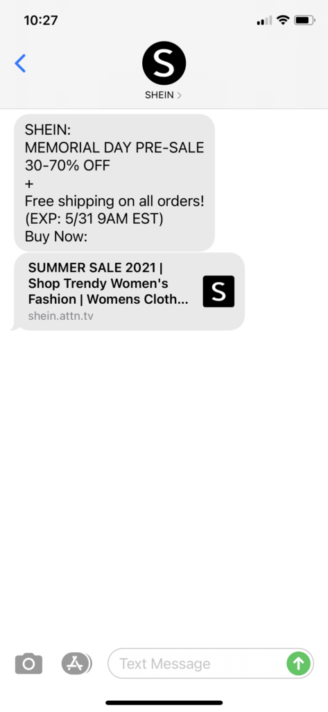 Shein Text Message Marketing Example - 05.30.2021