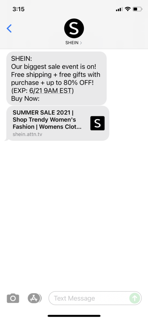 Shein Text Message Marketing Example - 06.20.2021
