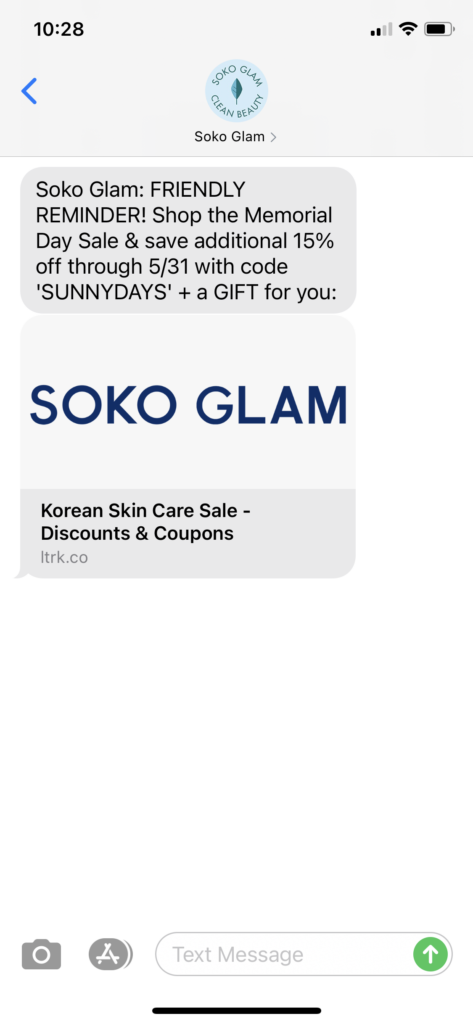 Soko Glam Text Message Marketing Example - 05.30.2021