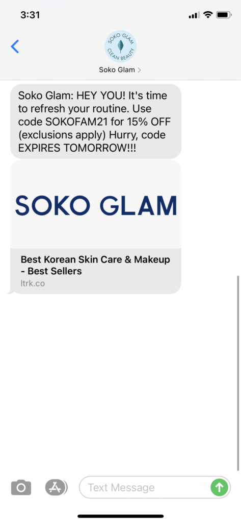 Soko Glam Text Message Marketing Example - 06.11.2021