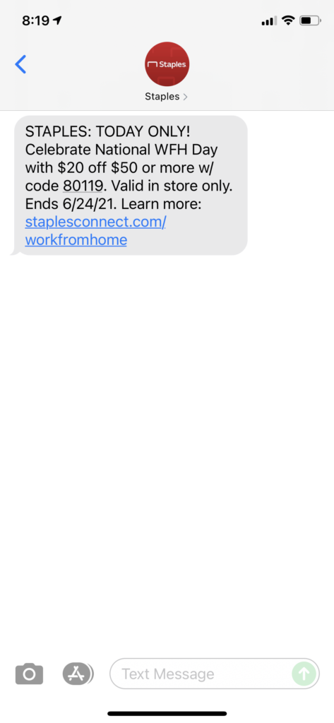 Staples Text Message Marketing Example - 06.24.2021