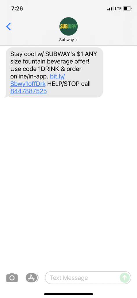 Subway Text Message Marketing Example - 06.14.2021