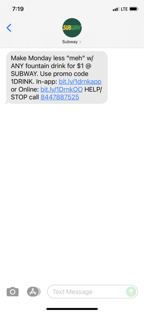 Subway Text Message Marketing Example - 06.28.2021