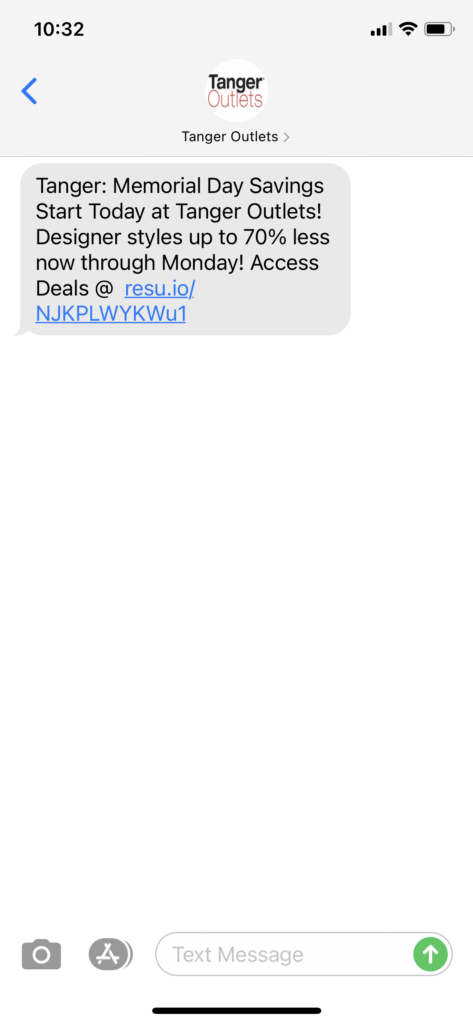 Tanger Outlets Text Message Marketing Example - 05.27.2021