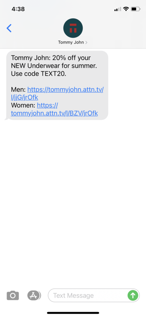 Tommy John Text Message Marketing Example - 06.04.2021