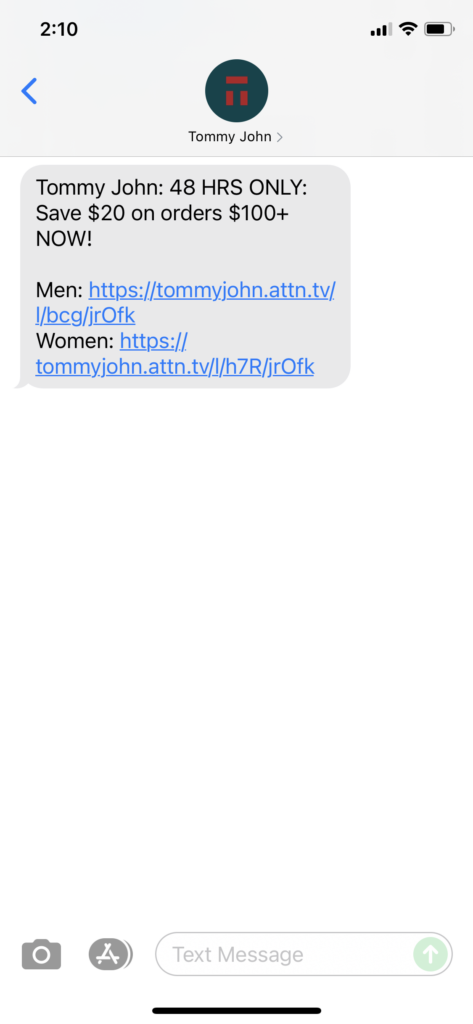 Tommy John Text Message Marketing Example - 06.21.2021