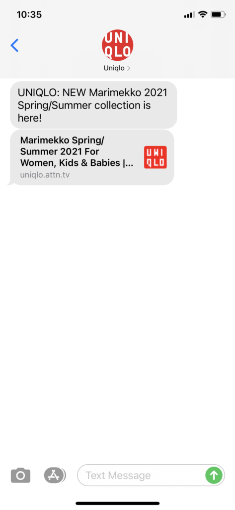 UNIQLO Text Message Marketing Example - 05.27.2021
