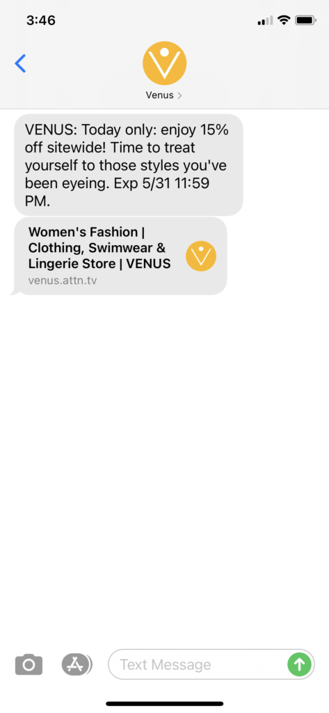 Venus Text Message Marketing Example - 05.31.2021