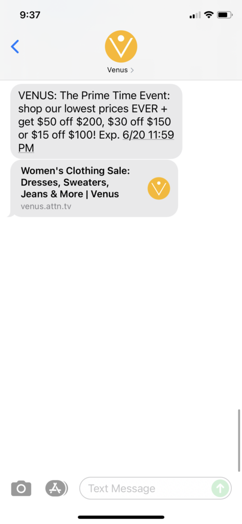 Venus Text Message Marketing Example - 06.19.2021