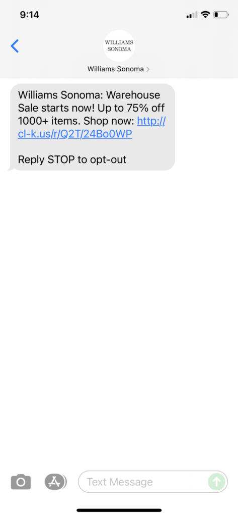 Williams Somoma Text Message Marketing Example - 06.29.2021