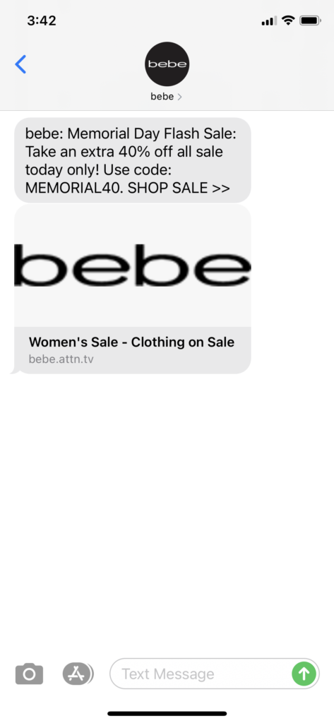 bebe Text Message Marketing Example - 05.31.2021