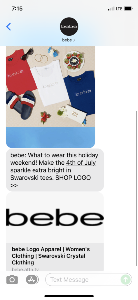bebe Text Message Marketing Example - 06.28.2021