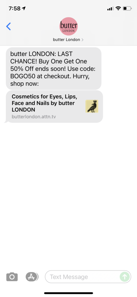 butter London Text Message Marketing Example - 06.13.2021