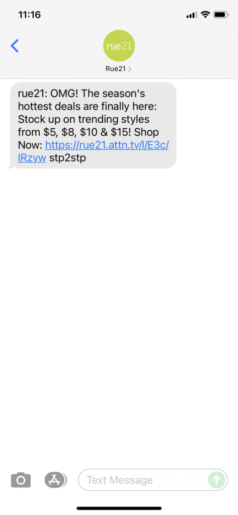 rue21 Text Message Marketing Example - 06.09.2021