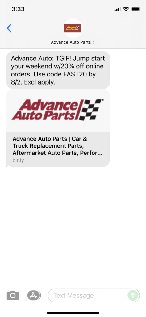 Advance Auto Text Message Marketing Example - 07.30.2021