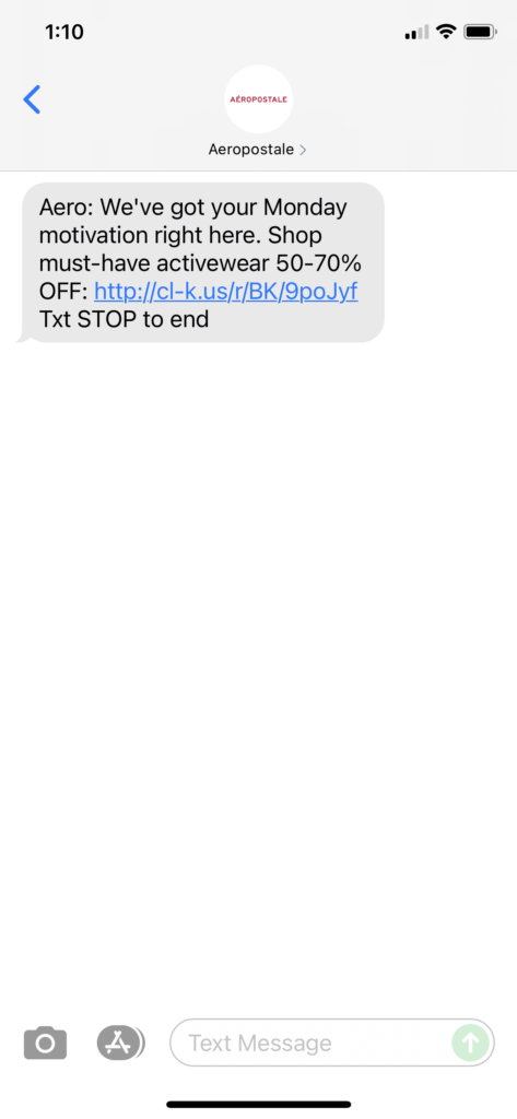Aeropostale Text Message Marketing Example - 07.19.2021
