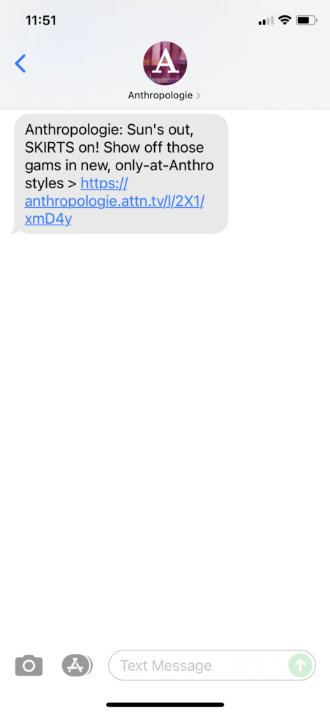 Anthropologie 1 Text Message Marketing Example - 07.18.2021