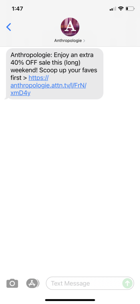 Anthropologie Text Message Marketing Example - 07.02.2021
