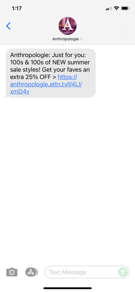 Anthropologie Text Message Marketing Example - 07.06.2021