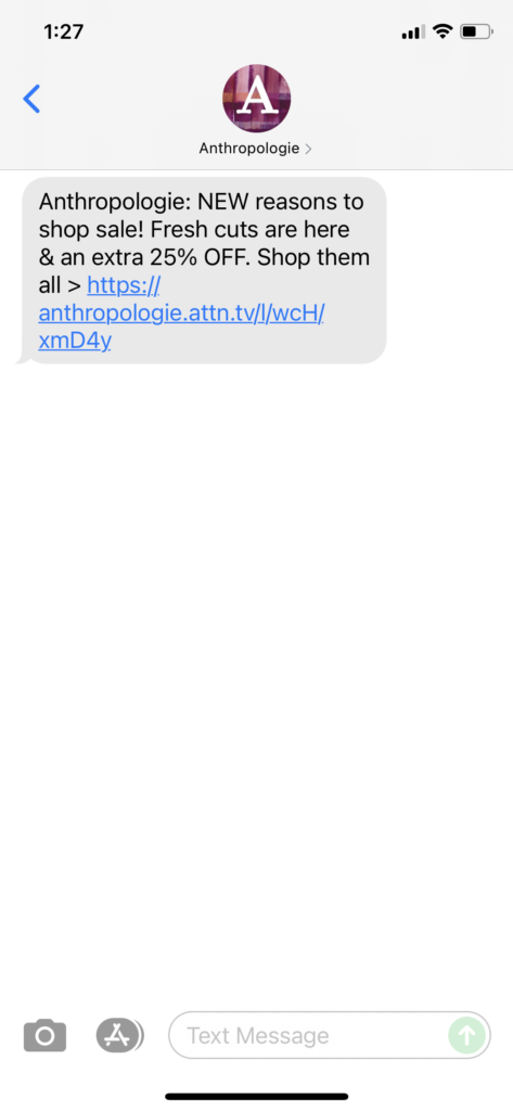 Anthropologie Text Message Marketing Example - 07.15.2021