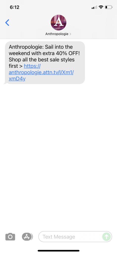 Anthropologie Text Message Marketing Example - 07.22.2021