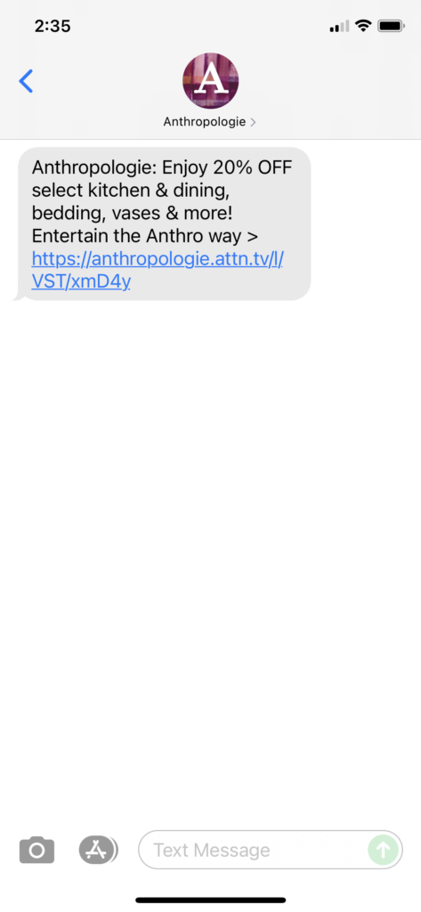 Anthropologie Text Message Marketing Example - 07.26.2021