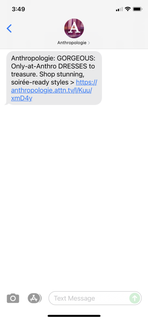 Anthropologie Text Message Marketing Example - 07.29.2021