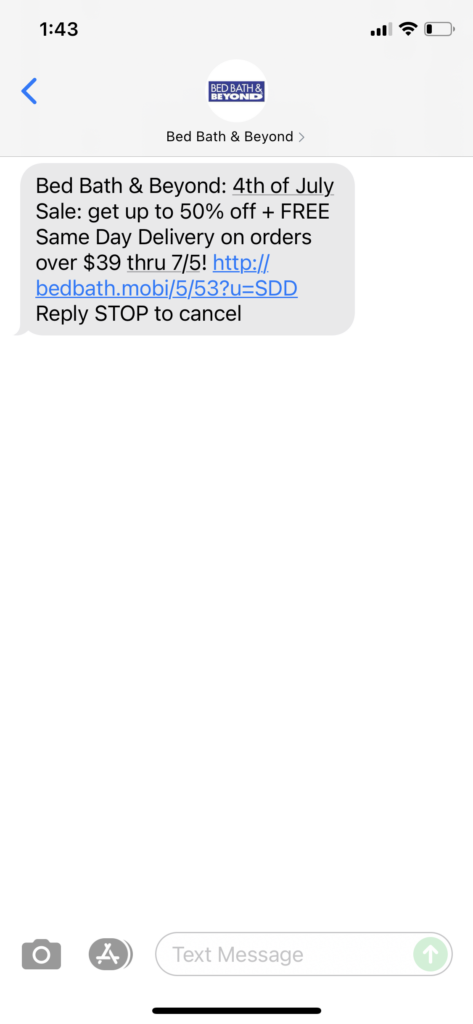 Bed Bath & Beyond Text Message Marketing Example - 07.02.2021
