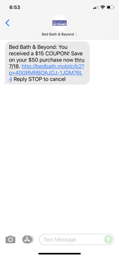Bed Bath & Beyond Text Message Marketing Example - 07.06.2021