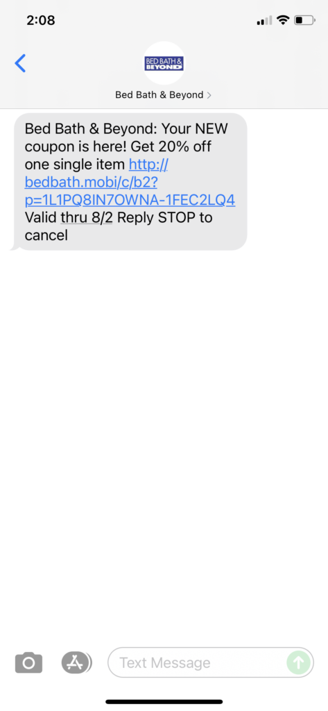 Bed Bath & Beyond Text Message Marketing Example - 07.13.2021
