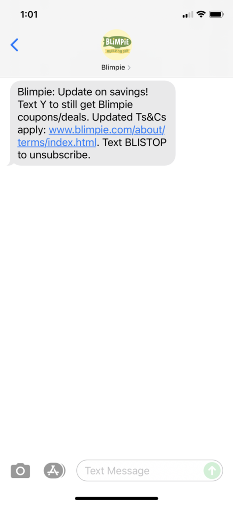 Blimpie Text Message Marketing Example - 07.20.2021
