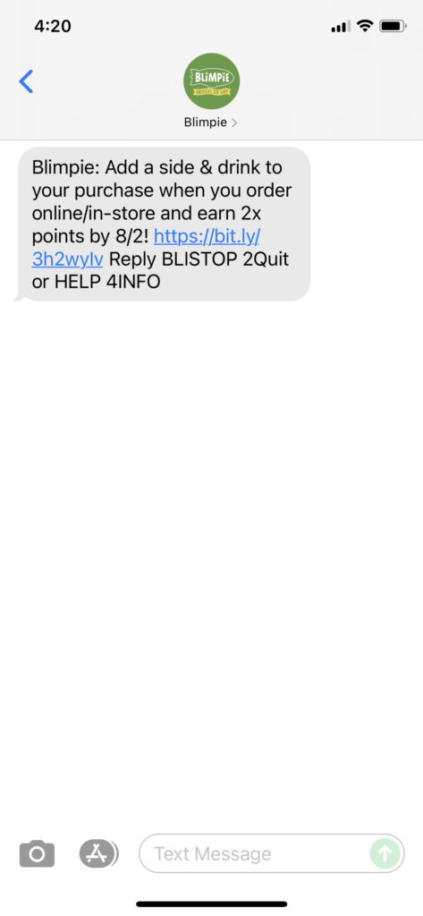 Blimpie Text Message Marketing Example - 07.27.2021