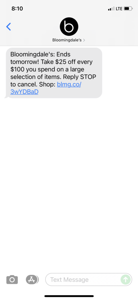 Bloomingdale's Text Message Marketing Example - 06.26.2021