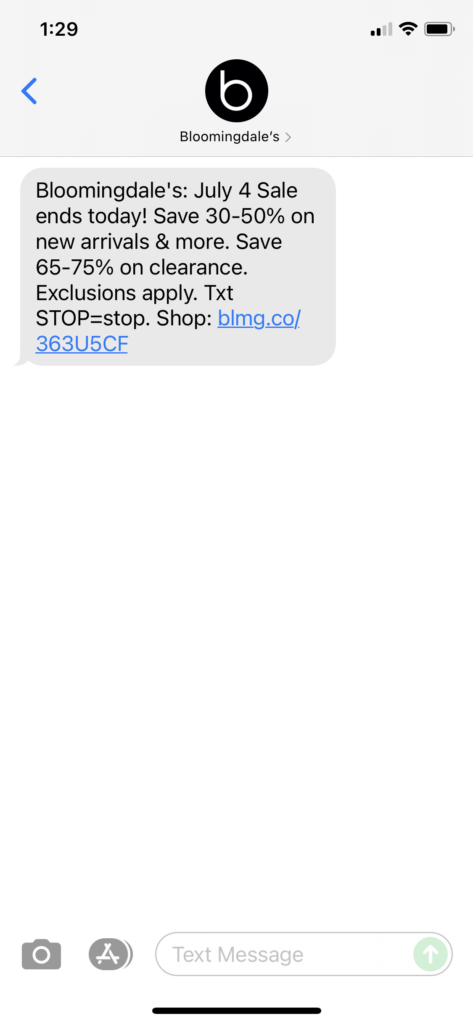 Bloomingdale's Text Message Marketing Example - 07.05.2021