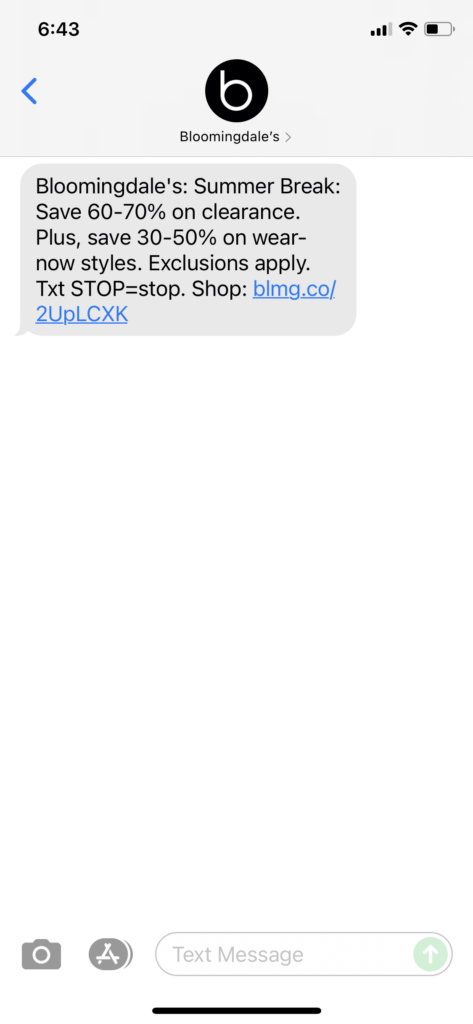 Bloomingdale's Text Message Marketing Example - 07.07.2021