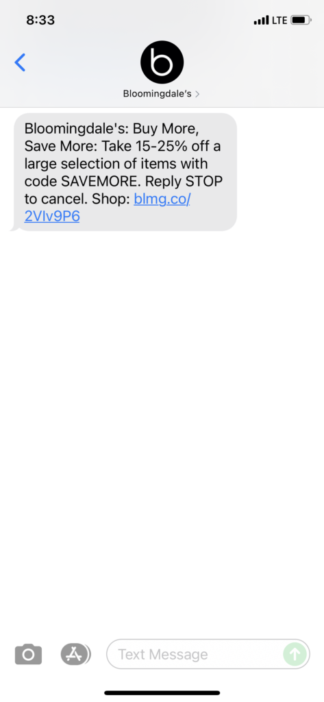 Bloomingdale's Text Message Marketing Example - 07.18.2021