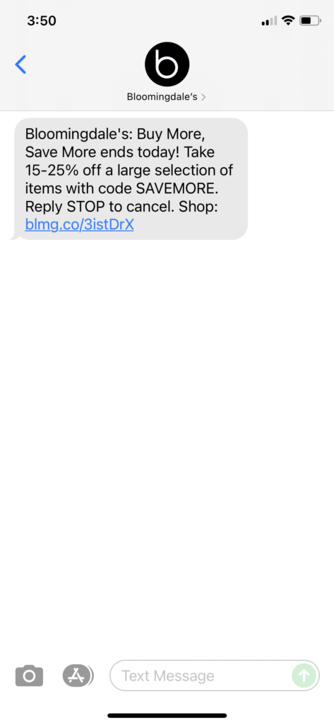 Bloomingdale's Text Message Marketing Example - 07.21.2021