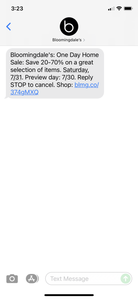 Bloomingdale's Text Message Marketing Example - 07.30.2021