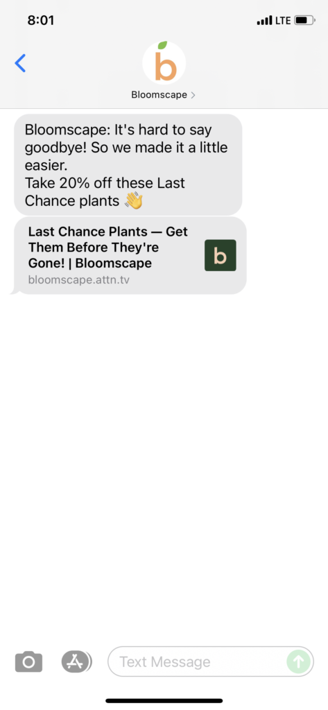 Bloomscape Text Message Marketing Example - 06.26.2021