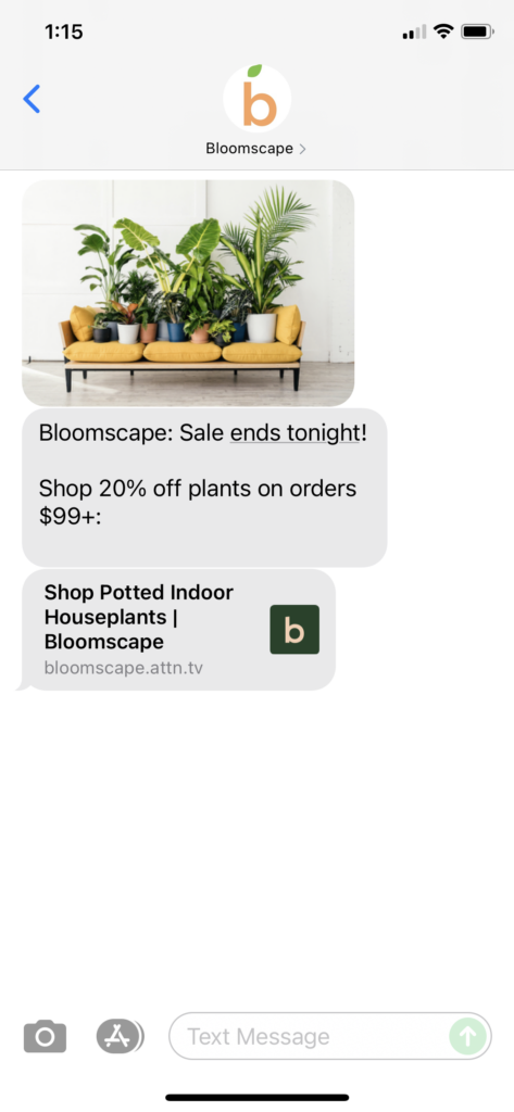 Bloomscape Text Message Marketing Example - 07.06.2021