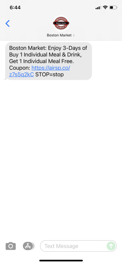 Boston Market Text Message Marketing Example - 07.07.2021