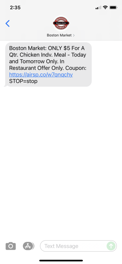 Boston Market Text Message Marketing Example - 07.26.2021