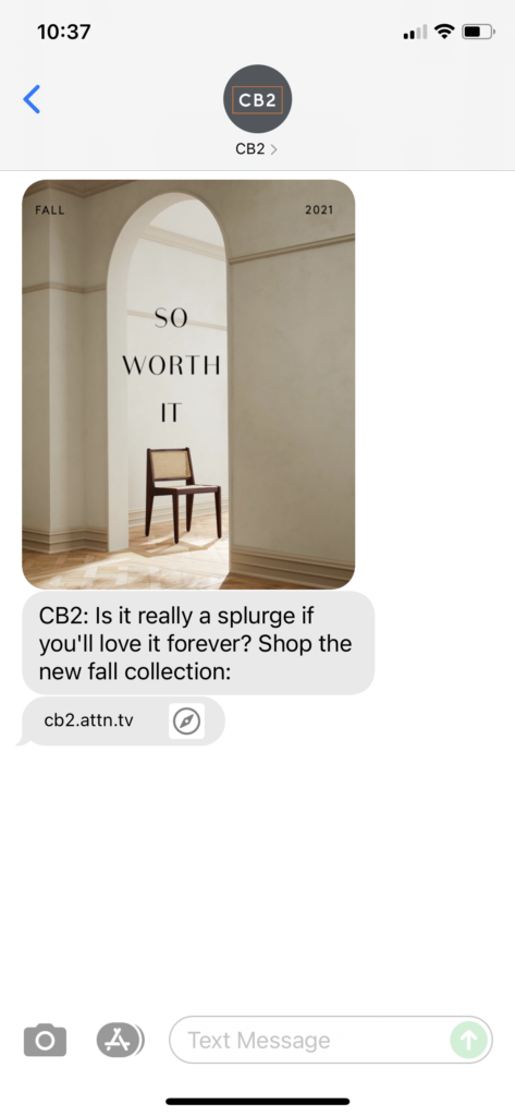 CB2 Text Message Marketing Example - 07.10.2021