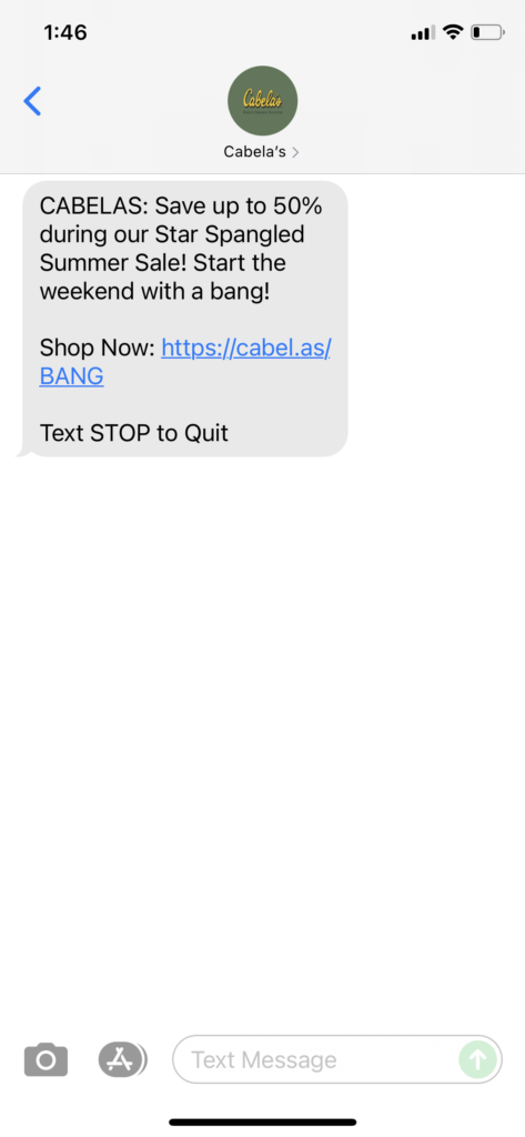 Cabela's Text Message Marketing Example - 07.02.2021