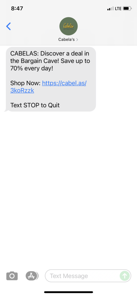 Cabela's Text Message Marketing Example - 07.18.2021