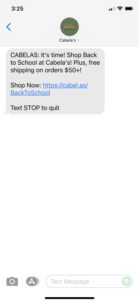 Cabela's Text Message Marketing Example - 07.30.2021