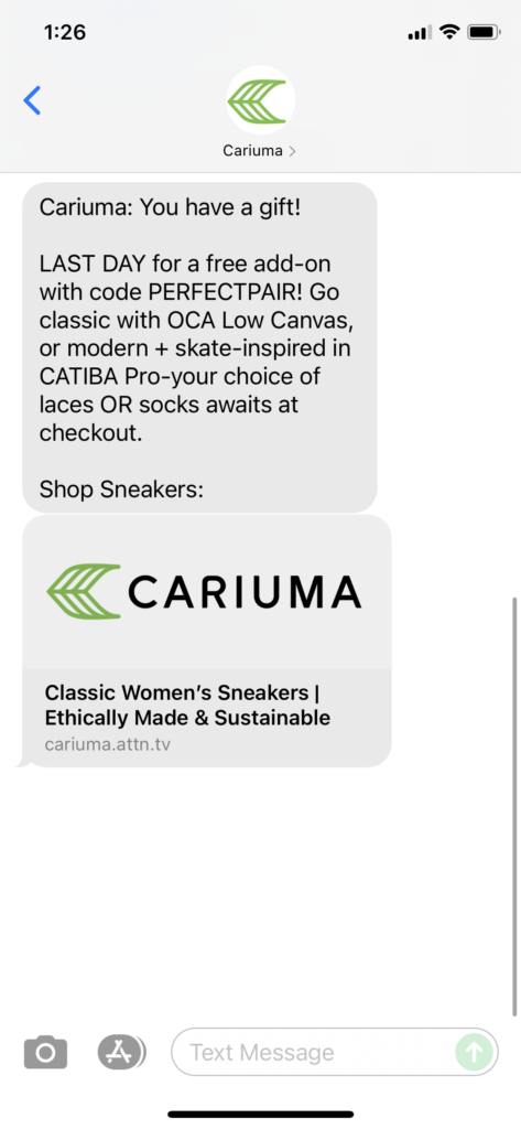 Cariuma Text Message Marketing Example - 07.05.2021