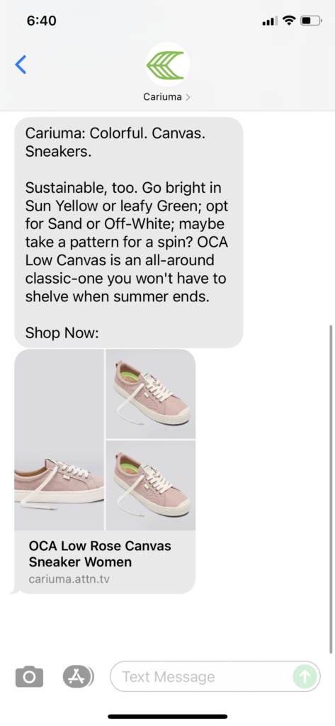 Cariuma Text Message Marketing Example - 07.07.2021